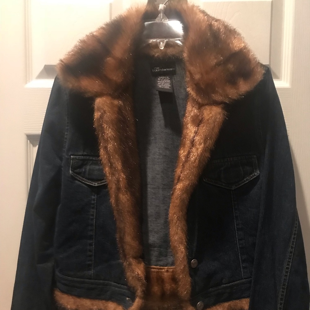 Blue jean jacket faux mink trim